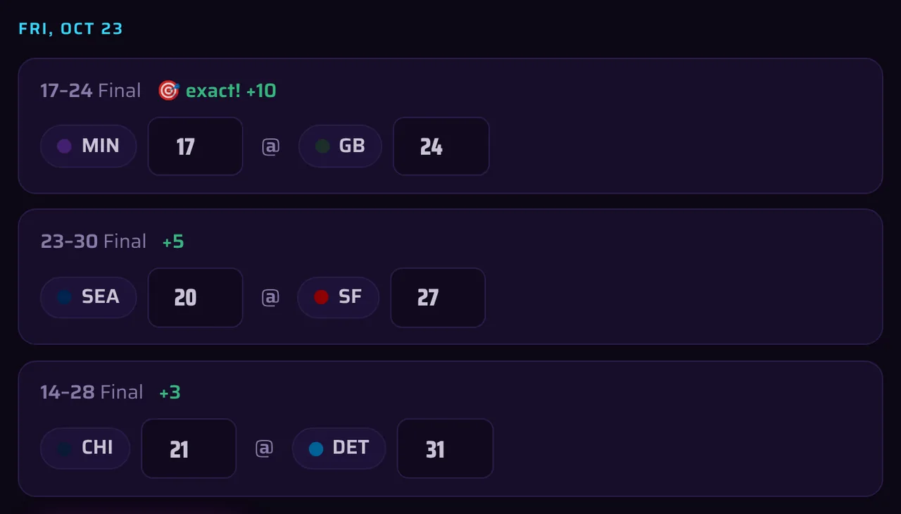 Screenshot of a KickoffPools score predictor: a player's predicted final scores next to the real finals with points earned